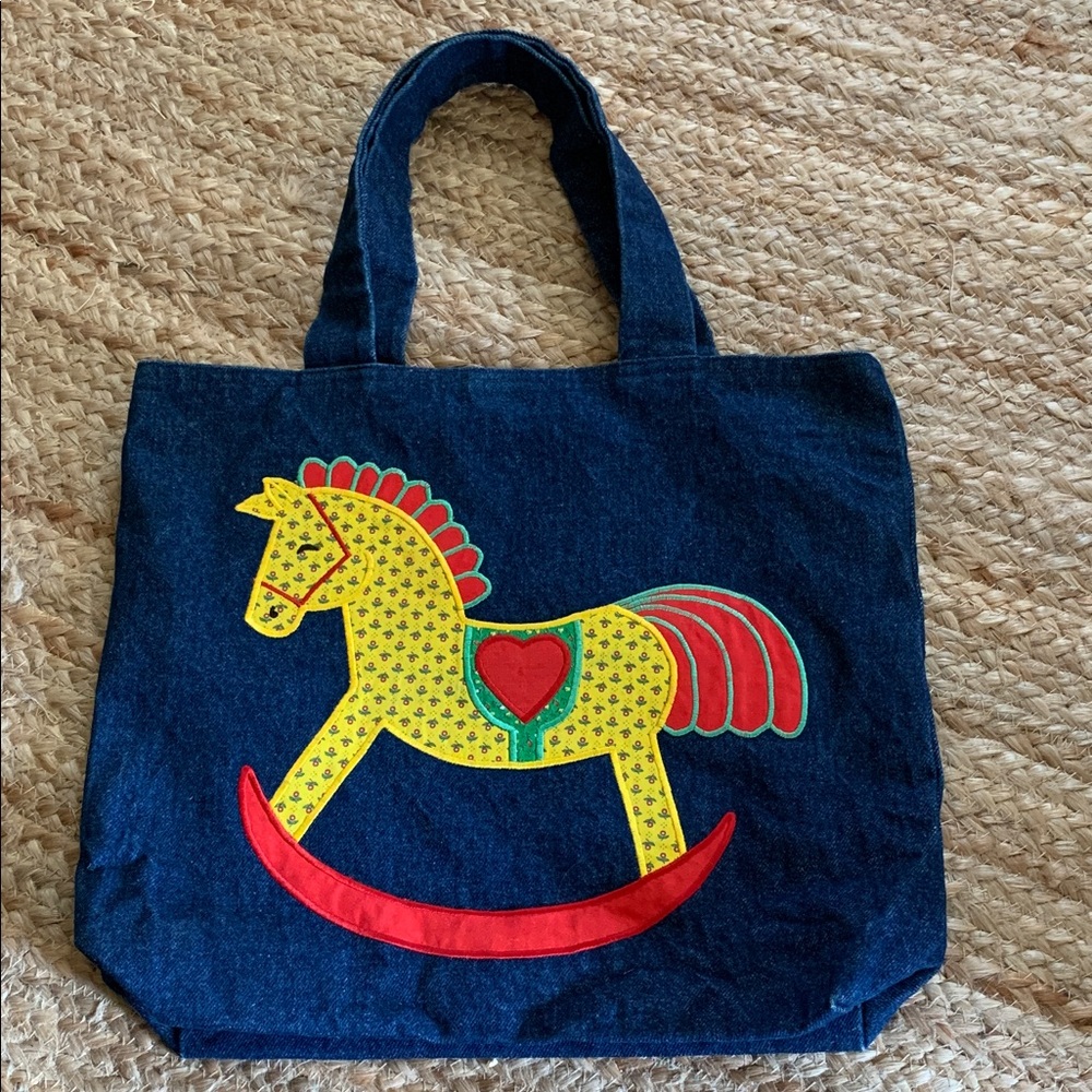 Denim Appliqué & Embroidered Rocking Horse Tote Calico Lining Velcro Closure